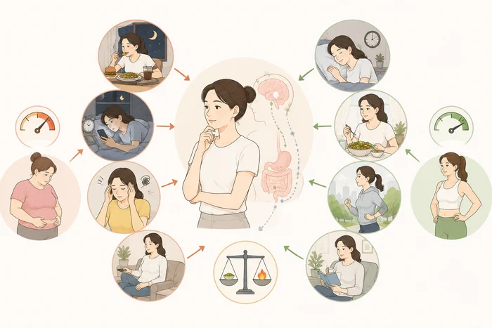 식욕 조절 호르몬과 체중 관리의 연결을 보여주는 그래픽