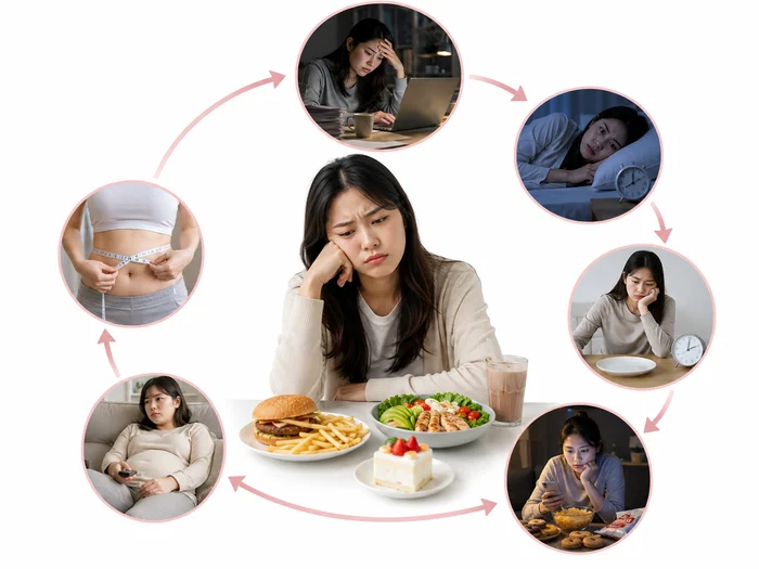 식욕 조절과 체중 변화에 대한 설명을 시각적으로 표현한 이미지입니다.