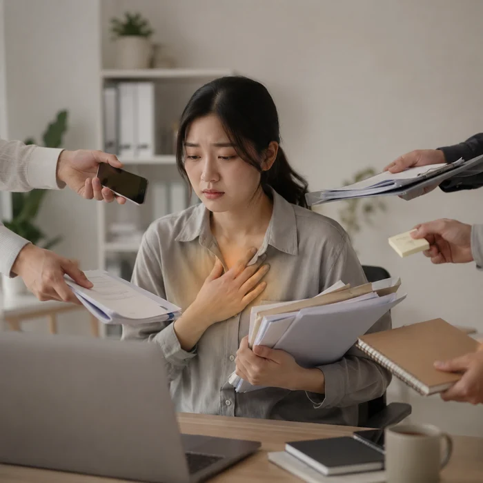 도심 조직 생활에서 거절 불안을 느끼는 상황을 묘사한 이미지