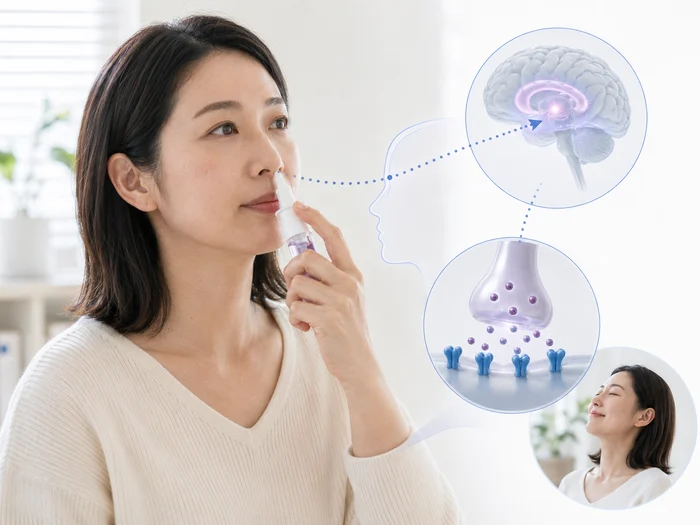 비강 분무제를 사용하는 여성과 뇌 신경전달물질 그래픽