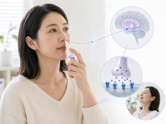 비강 분무제를 사용하는 여성과 뇌 신경전달물질 그래픽