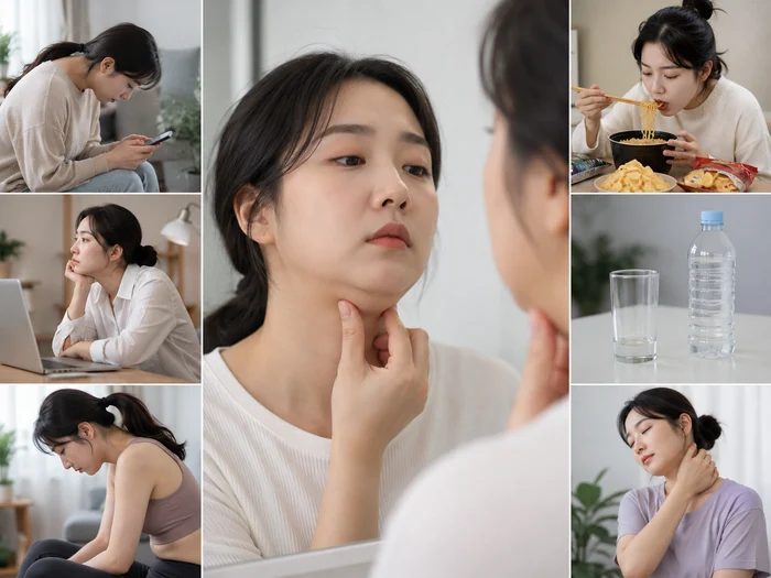 목과 턱 아래가 부어 보이는 여성의 다양한 생활 모습, 생활습관과 연관성 강조