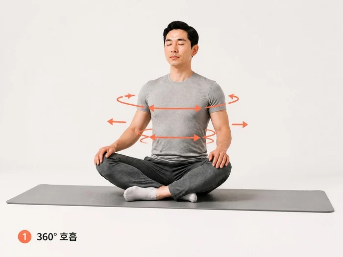 복부, 옆구리, 등 뒤쪽이 확장되는 360도 호흡 시범 이미지