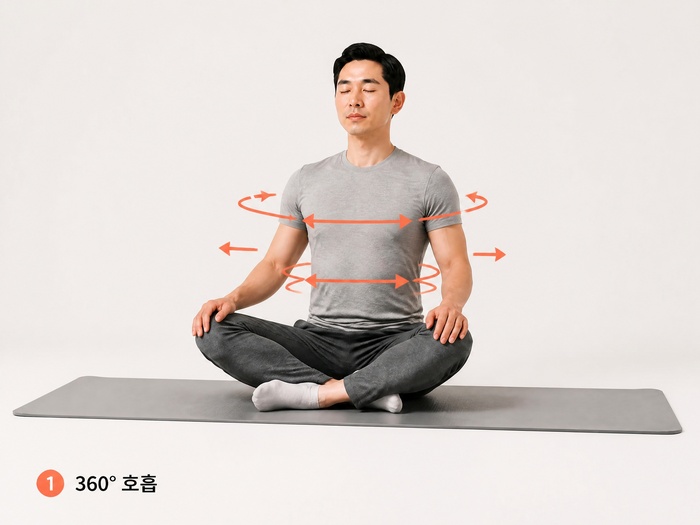 복부, 옆구리, 등 뒤쪽이 확장되는 360도 호흡 시범 이미지