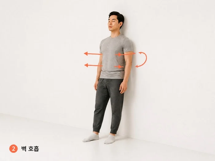 벽을 이용한 호흡 교정 자세 예시