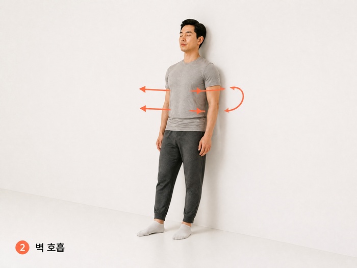 벽을 이용한 호흡 교정 자세 예시