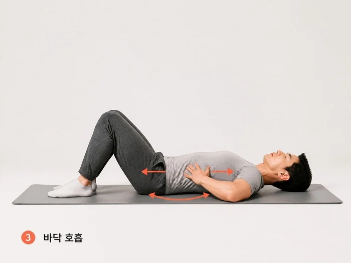 바닥에 누워서 호흡 교정하는 방법을 보여주는 이미지