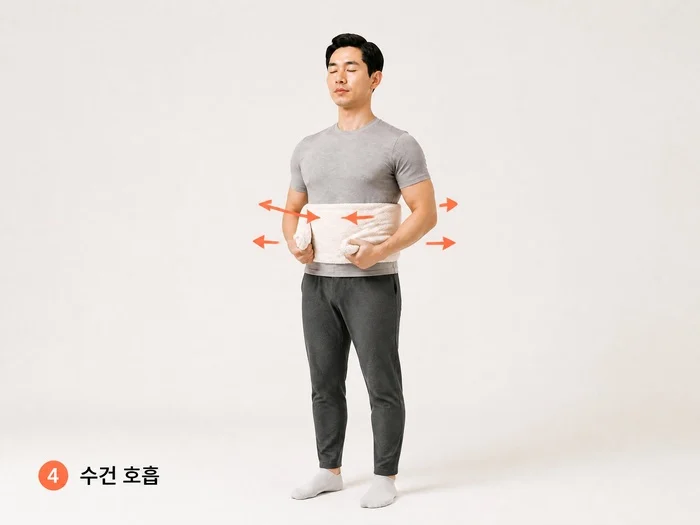수건을 활용한 옆구리 호흡 교정 시범 이미지