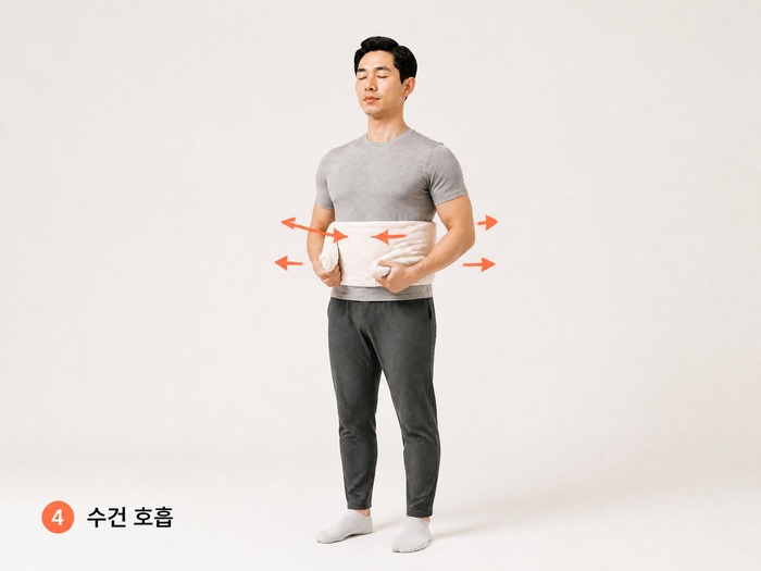 수건을 활용한 옆구리 호흡 교정 시범 이미지