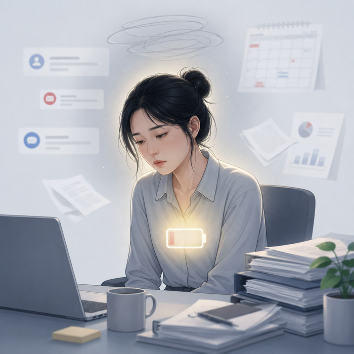 번아웃과 정서적 소진을 상징하는 직장인의 이미지