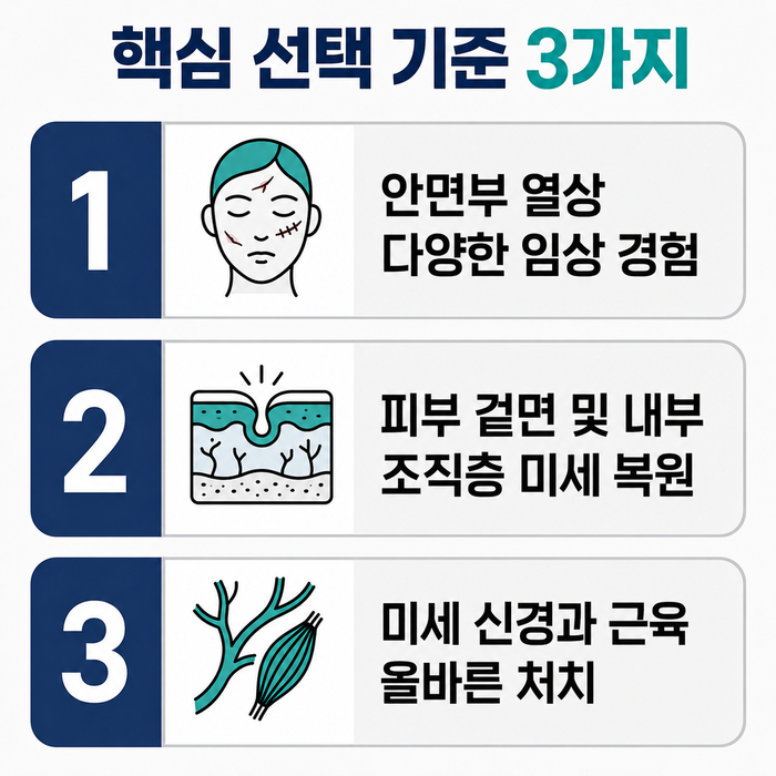 얼굴 상처 봉합 과정과 조직 정렬의 중요성을 보여주는 이미지