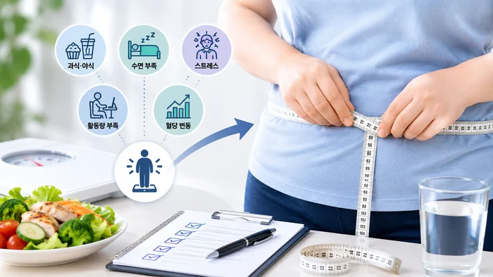 생활습관과 체중 증가 패턴을 체크리스트로 보여주는 이미지
