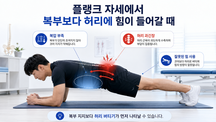 코어 운동 시 허리 부담을 강조하는 예시 이미지