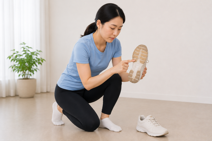 발 안정성 체크와 신발 밑창 마모 확인을 보여주는 이미지