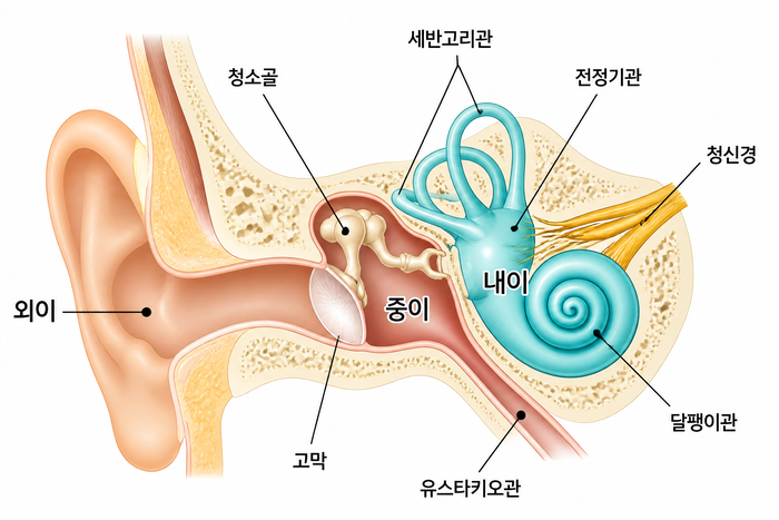 귀의 해부학적 구조와 내이 평형기관 설명 이미지