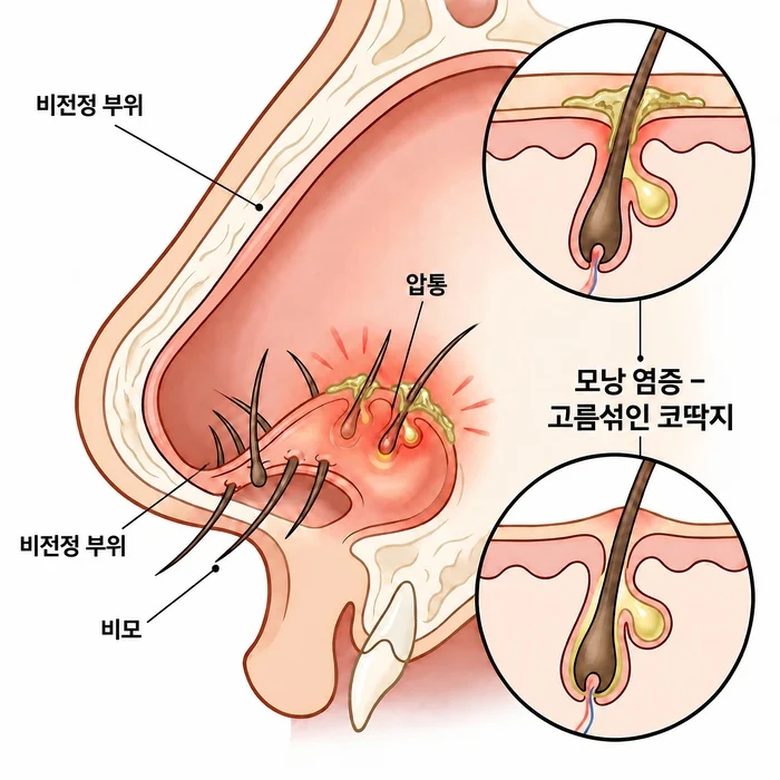 코 입구 모낭염과 노란 딱지 관련 설명 이미지