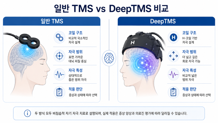 DeepTMS 장비와 뇌 신경회로 자극 원리를 설명하는 그림