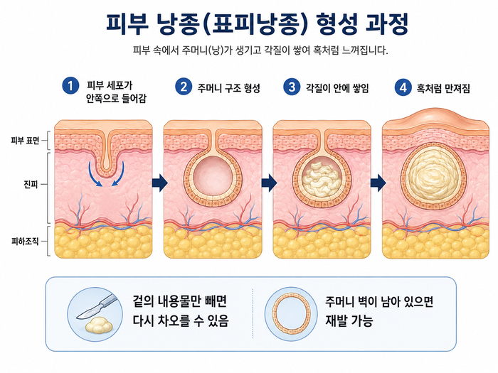 피지낭종이 만들어지는 과정을 설명하는 그림