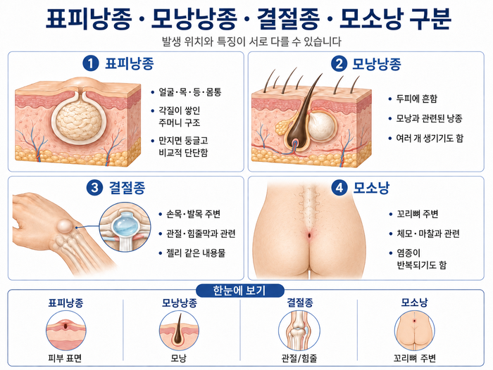 피지낭종 발생 위치별 다양한 형태의 예시