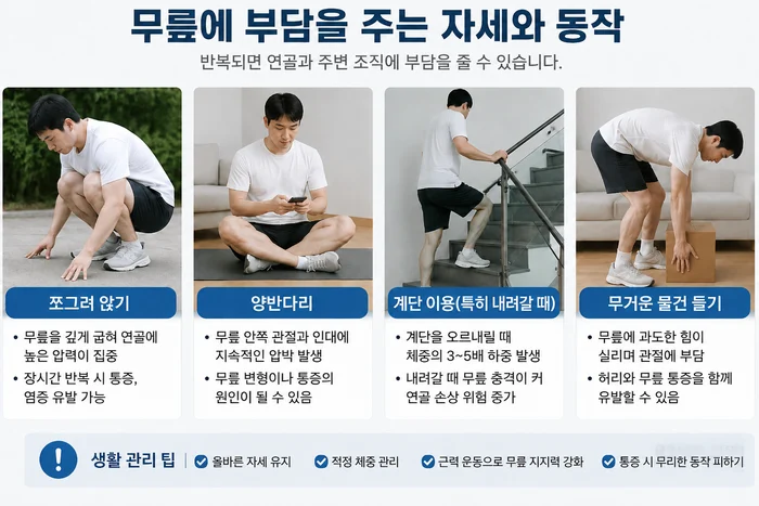 무릎관절에 부담을 주는 생활습관 예시 이미지