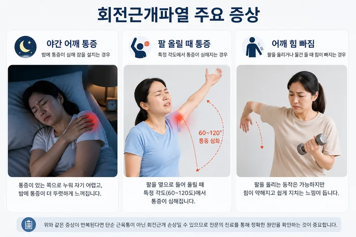 오십견과 회전근개파열의 차이를 설명하는 도식