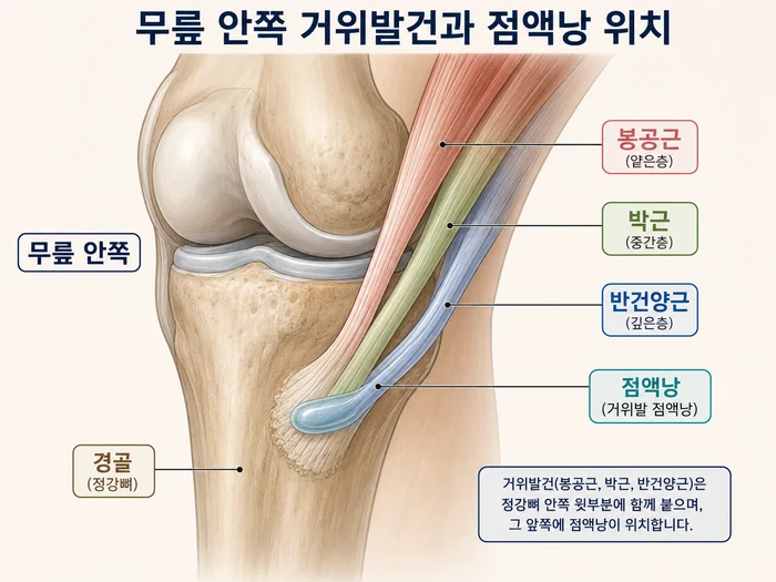 거위발건염이 발생하는 무릎 안쪽 구조 설명 그림
