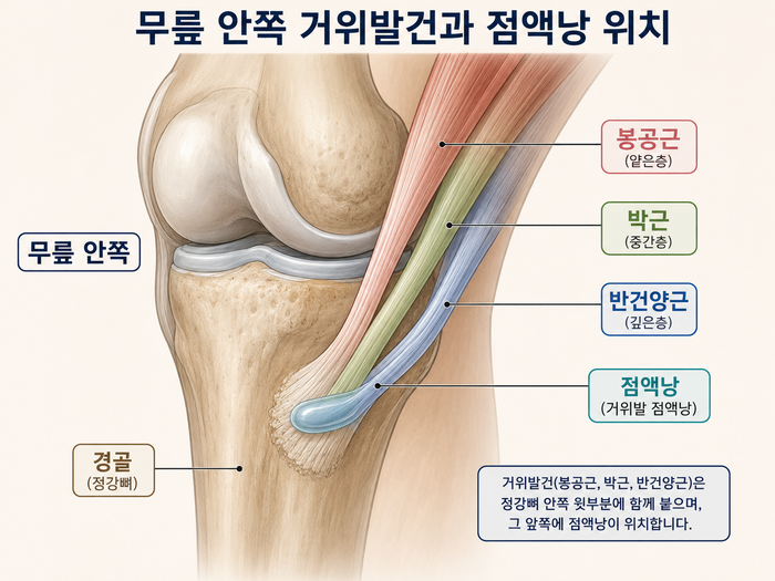 거위발건염이 발생하는 무릎 안쪽 구조 설명 그림