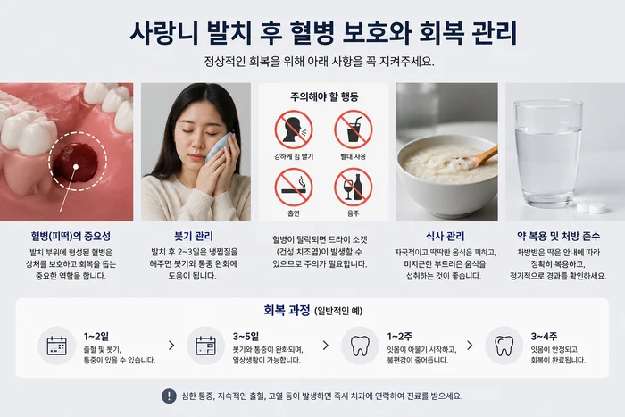 사랑니 발치 후 회복과 관리 방법을 안내하는 이미지