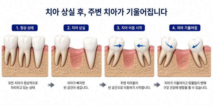 치아 상실 후 구강 내 변화와 임플란트 전 확인 사항을 설명하는 이미지
