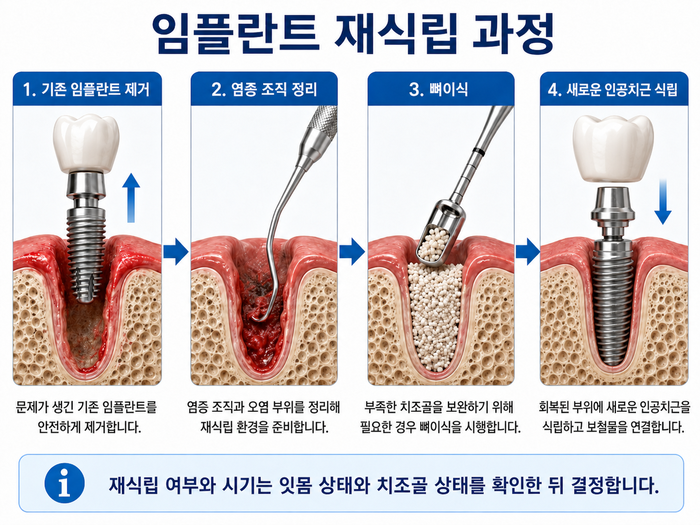 임플란트 재식립을 위한 정밀 진단 과정을 보여주는 이미지