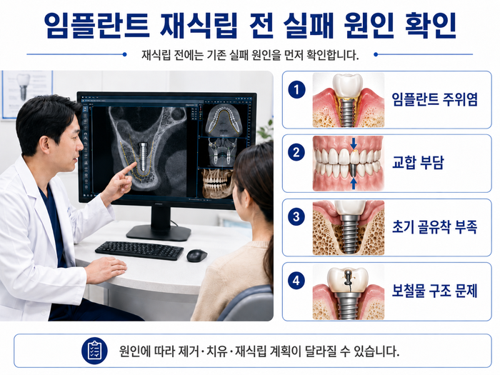 임플란트 재식립 전 실패 원인 분석 과정을 설명하는 이미지