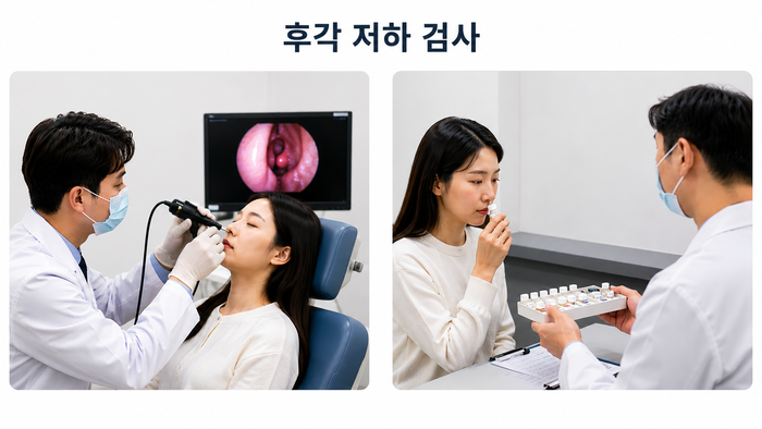 비강 내시경 등 후각 저하 진단 과정을 설명하는 이미지