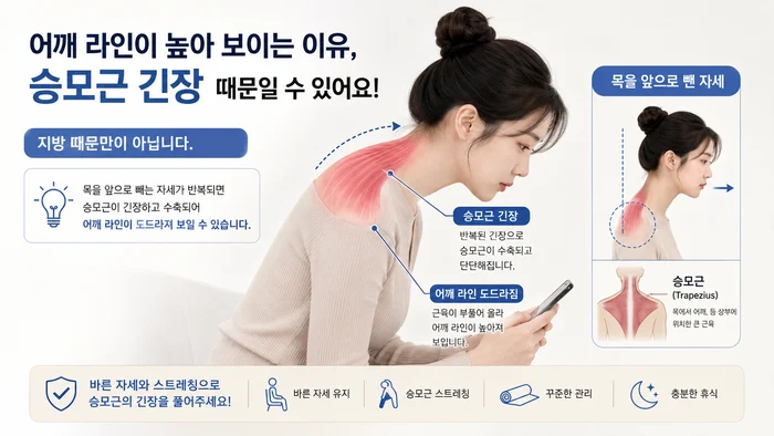 어깨 라인이 솟아 보이는 원인과 승모근 위치를 보여주는 이미지
