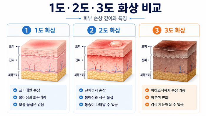화상 깊이별 피부 손상 단계 비교 인포그래픽