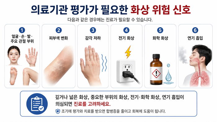 화상 응급의료기관 방문이 필요한 신호 안내 이미지