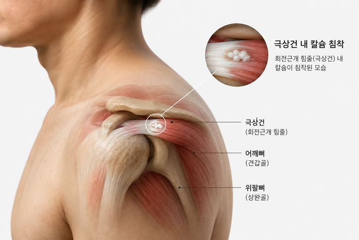 어깨 회전근개 힘줄에 칼슘 침착이 발생한 해부학적 구조