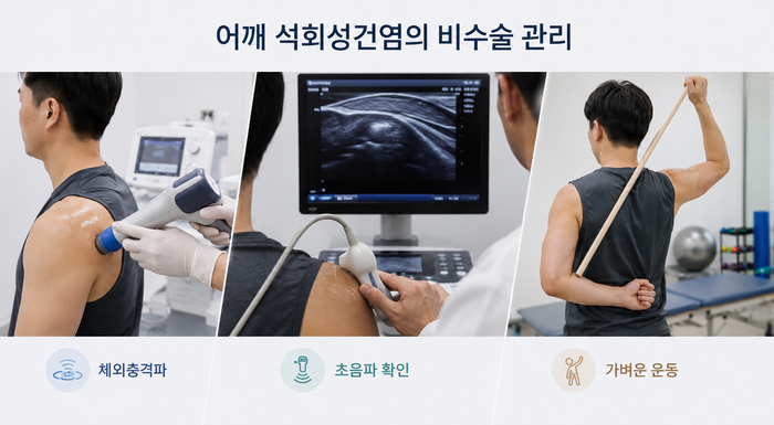 어깨 석회성건염의 다양한 비수술적 치료 방법을 설명하는 그림