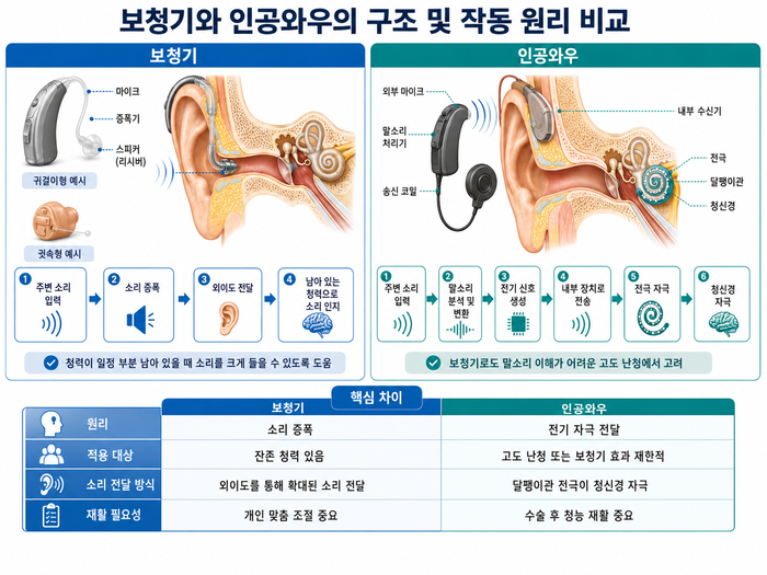 인공와우와 보청기 비교 이미지