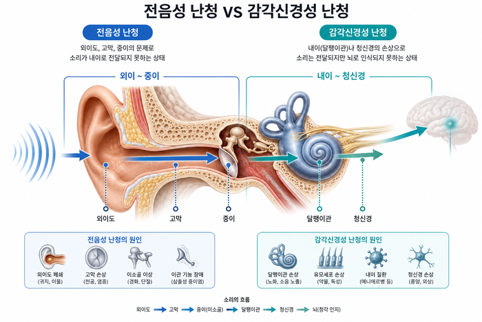 전음성 난청과 감각신경성 난청의 차이를 설명하는 그림