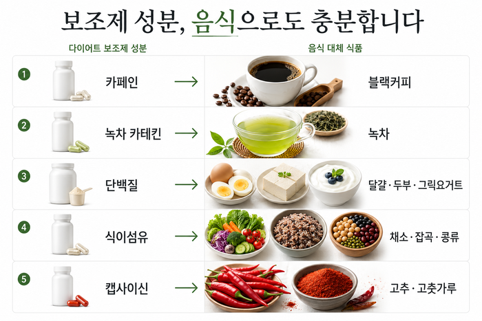 다이어트 보조제 성분과 음식 대체표