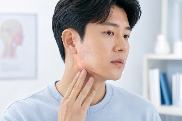 귀 밑 부음의 다양한 원인 부위를 보여주는 해부학 그림