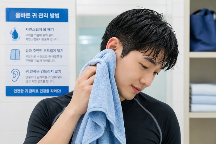 물놀이 후 귀를 안전하게 관리하는 방법을 안내하는 그림
