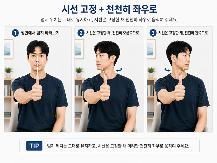 시선을 고정한 채 머리를 움직이는 눈과 목 협응 운동 예시 그림