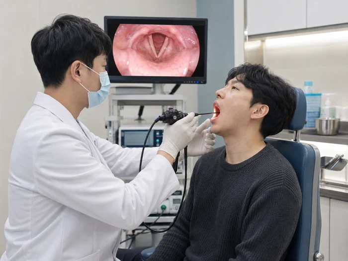 후두 내시경으로 목 점막을 검사하는 장면