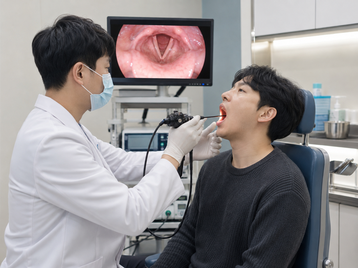 후두 내시경으로 목 점막을 검사하는 장면