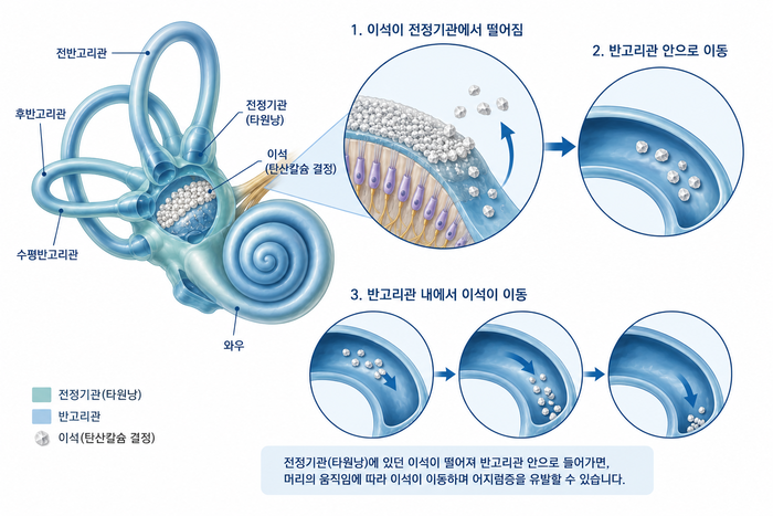 이석이 반고리관으로 이동하는 과정을 보여주는 그림