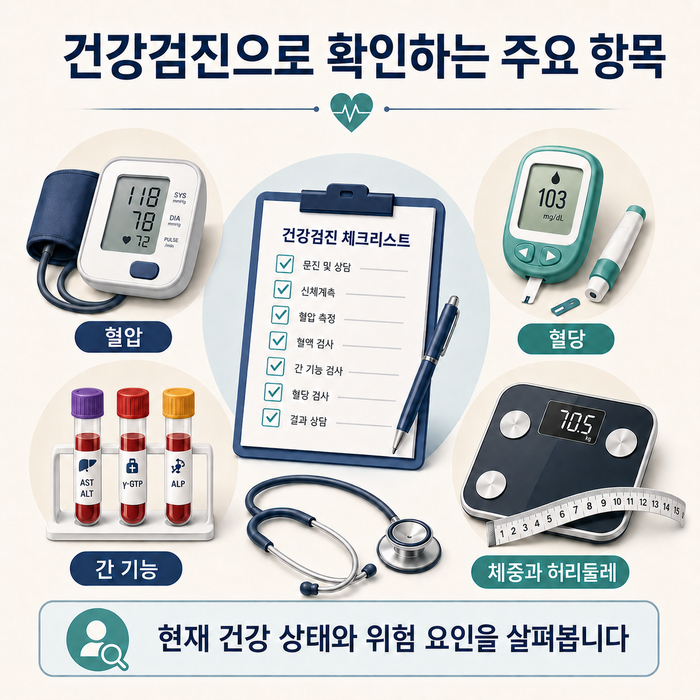 건강검진 절차와 주요 항목을 요약한 인포그래픽