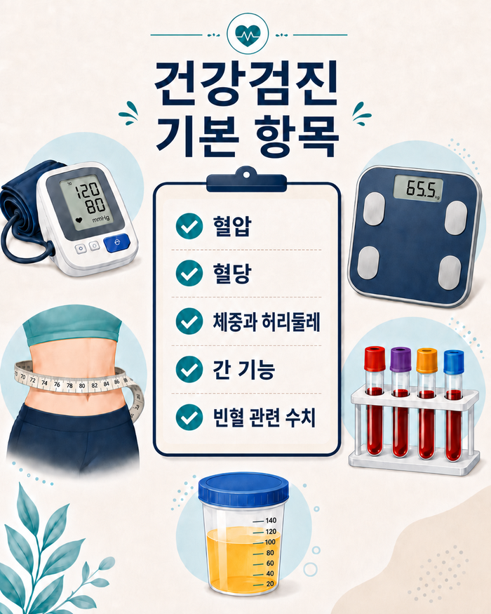 건강검진 기본 검사 항목을 안내하는 인포그래픽