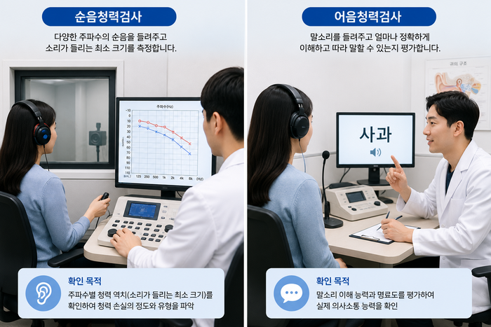 청력검사와 청력 저하 진단 과정을 설명하는 이미지