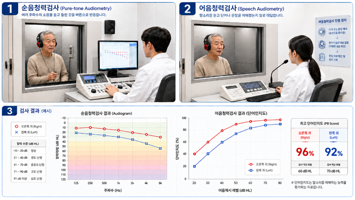 청력검사와 어음청력평가 과정을 나타내는 이미지